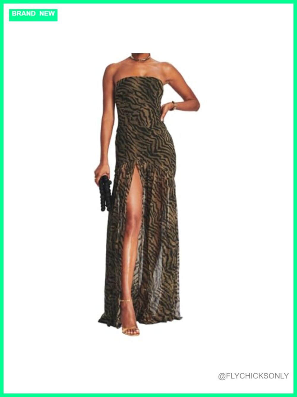 Tube Top Maxi Dress Tiger Stripe Mesh Patchwork Strapless High Slit Beach